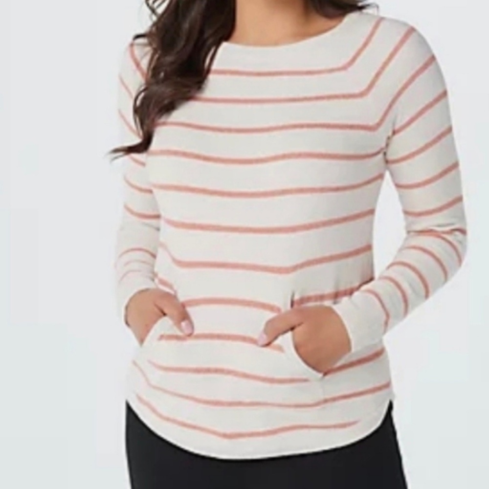 Barefoot Dreams Women's Cozychic Lite White Pink Stripe XL Sweater Pullover